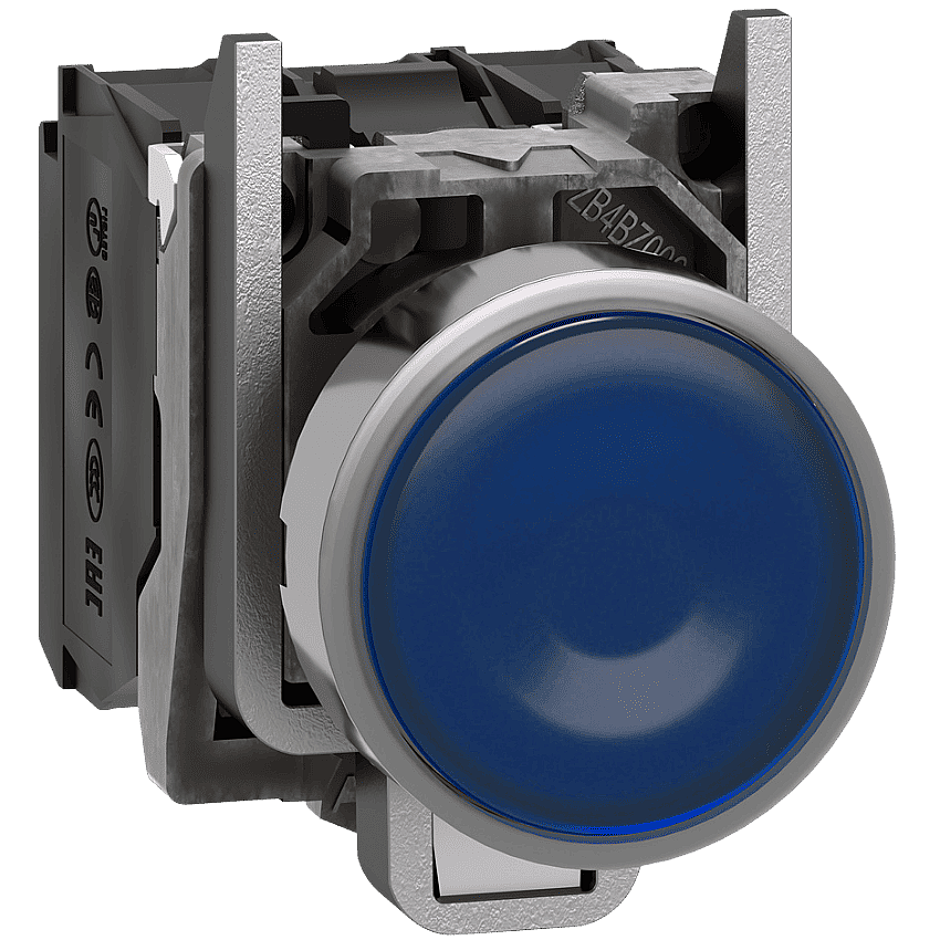 Schneider XB4BW36M5 230V AC Mavi Işıklı Düz Metal Buton 22mm 1NO+1NC Yaylı - 1
